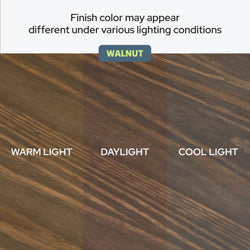 Walnut wood finish color comparison showing grain and tone variations under warm light, daylight, and cool light — ideal for furniture, flooring, and cabinetry color selection.