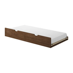 Twin wooden platform bed frame in walnut finish with low-profile slatted base and white fitted mattress