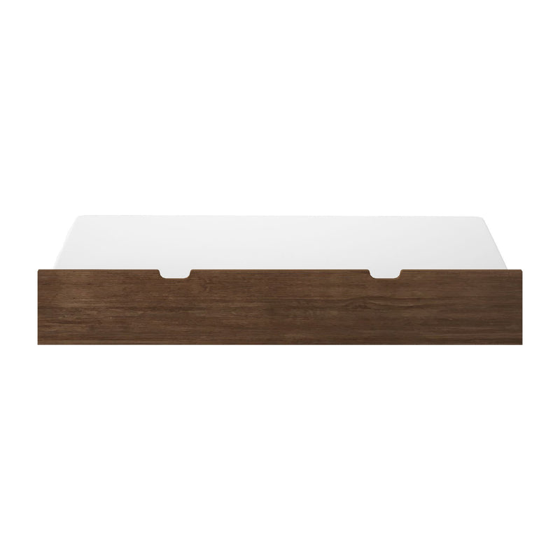 Under-bed storage drawer front in walnut wood finish with two finger-pull cutouts and white interior, product photo on white background