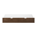 Under-bed storage drawer front in walnut wood finish with two finger-pull cutouts and white interior, product photo on white background