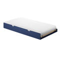 Navy blue single trundle bed frame with white mattress and slatted wooden base — space-saving modern platform guest bed for kids and small bedrooms