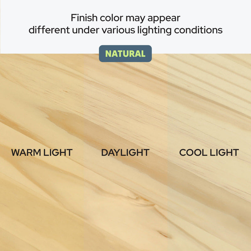 Natural wood finish sample showing wood grain and color variations under warm light, daylight, and cool light — finish color may appear different under various lighting conditions