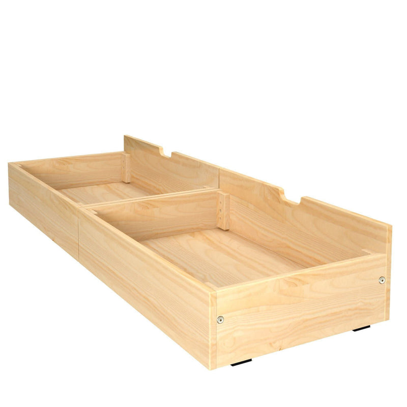 Natural pine underbed storage drawers with cutout handles — solid wood trundle organizer for bedroom storage and decluttering