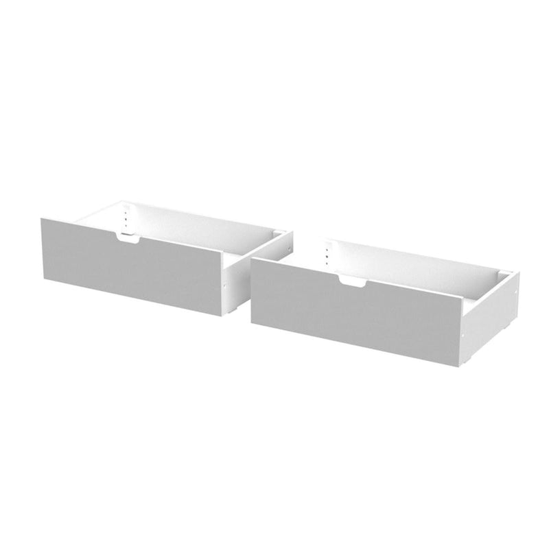 Set of two white under-bed pull-out storage drawers with cutout handles, wooden bedroom organizers for clothes, linens, toys and accessories