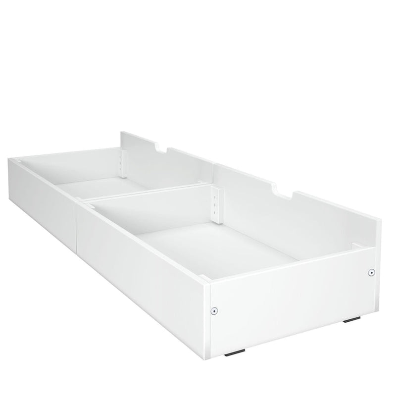 White under-bed storage drawer with two compartments, low-profile wooden rolling trundle organizer for bedroom and kids' room storage