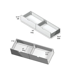 Pair of under-bed storage drawers with schematic perspective view and labeled measurements — 74" long, 24.5" wide, 11.75" tall overall; individual compartments 35.25" wide, 23" deep, 6" interior height.