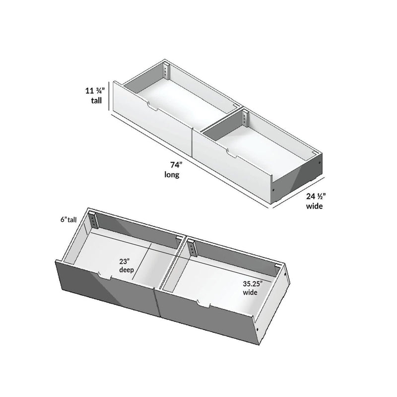 Pair of under-bed storage drawers with schematic perspective view and labeled measurements — 74" long, 24.5" wide, 11.75" tall overall; individual compartments 35.25" wide, 23" deep, 6" interior height.