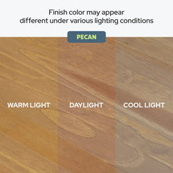 Pecan wood finish color comparison showing warm light, daylight, and cool light variations on a wood flooring sample, demonstrating how finish color may appear different under various lighting conditions
