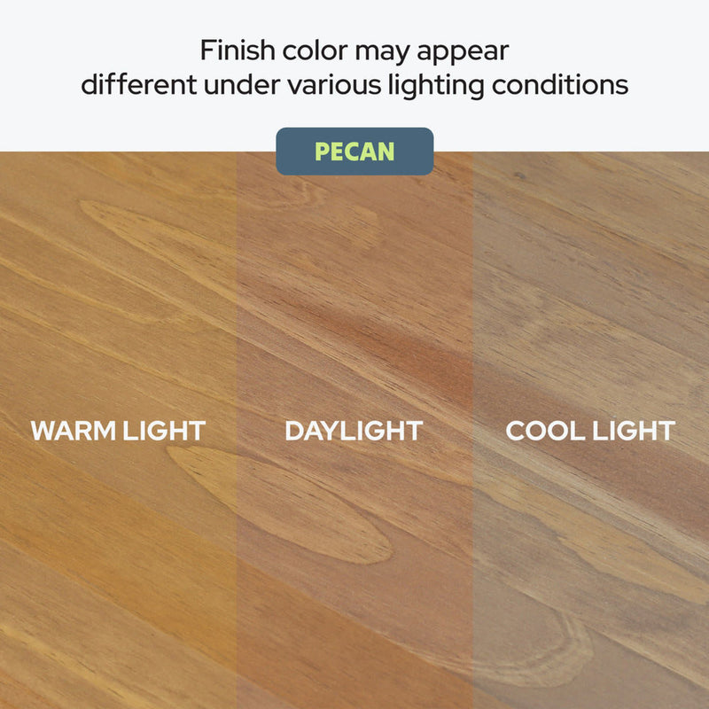 Pecan wood finish color comparison showing warm light, daylight, and cool light variations on a wood flooring sample, demonstrating how finish color may appear different under various lighting conditions