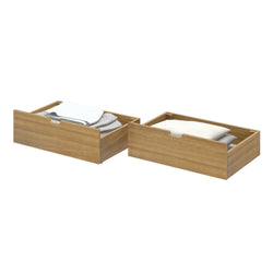 Set of 2 wooden under-bed storage drawers in oak finish with cutout handles holding folded sheets and pillows — space-saving bedroom organization solution