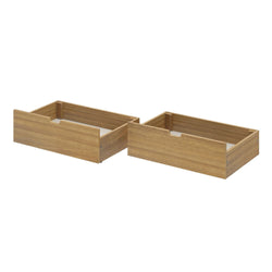 Set of 2 wooden under-bed storage drawers in oak finish with cutout handles — pull-out bedroom storage boxes for organizing linens, clothes, and shoes.