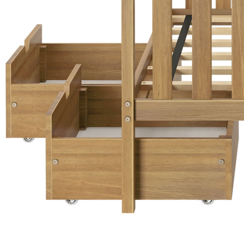 Light oak wooden bed frame with slatted mattress support and two under-bed rolling storage drawers on casters — space-saving bedroom storage solution