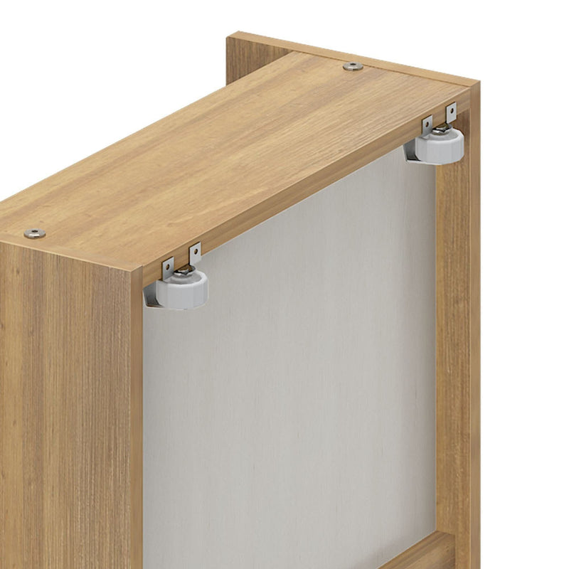 Oak-finish cabinet back with two adjustable white roller hangers and metal mounting brackets for sliding door or wardrobe installation