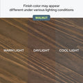 Walnut wood finish sample showing color variations under warm light, daylight, and cool light for furniture and flooring selection