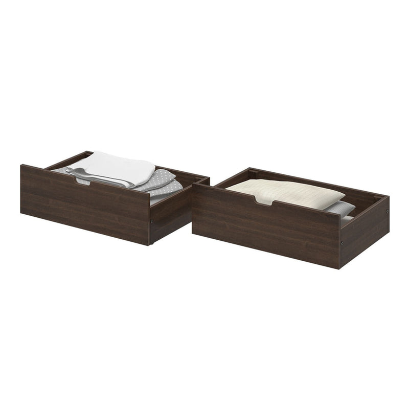 Set of 2 dark brown wooden underbed storage drawers with folded blankets and pillows, space-saving bedroom storage solution