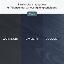 Blue wood finish color comparison showing appearance differences under warm light, daylight, and cool light