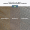 Clay finish color sample with diagonal wood-grain texture shown under warm light, daylight, and cool light to illustrate how finish color may appear different under various lighting conditions