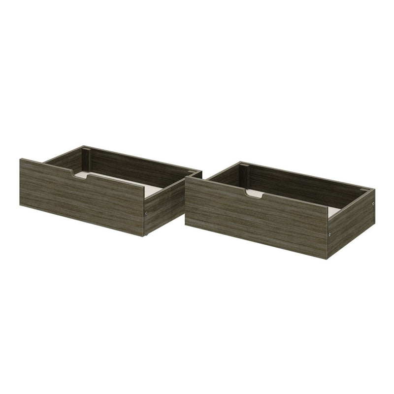 Set of two under-bed storage drawers in gray-brown woodgrain finish with finger-pull cutouts and visible metal fasteners