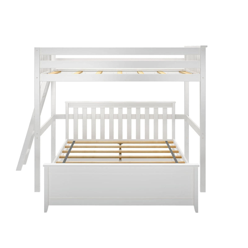 White wooden bunk bed frame with a ladder for kids' bedroom.