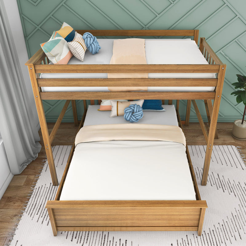 Wooden bunk bed with pull-out trundle and colorful pillows in a modern bedroom.