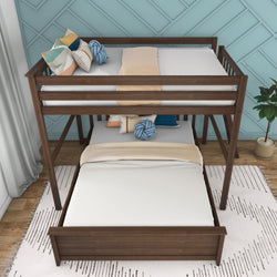 Wooden bunk bed with trundle, colorful pillows, and modern bedroom decor.