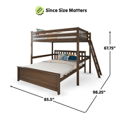 Wooden twin over full bunk bed with ladder and dimensions 67.75 inches tall, 85.5 inches wide, and 98.25 inches deep, ideal for maximizing bedroom space.
