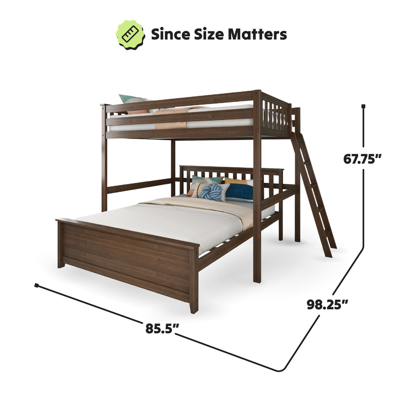 Wooden twin over full bunk bed with ladder and dimensions 67.75 inches tall, 85.5 inches wide, and 98.25 inches deep, ideal for maximizing bedroom space.