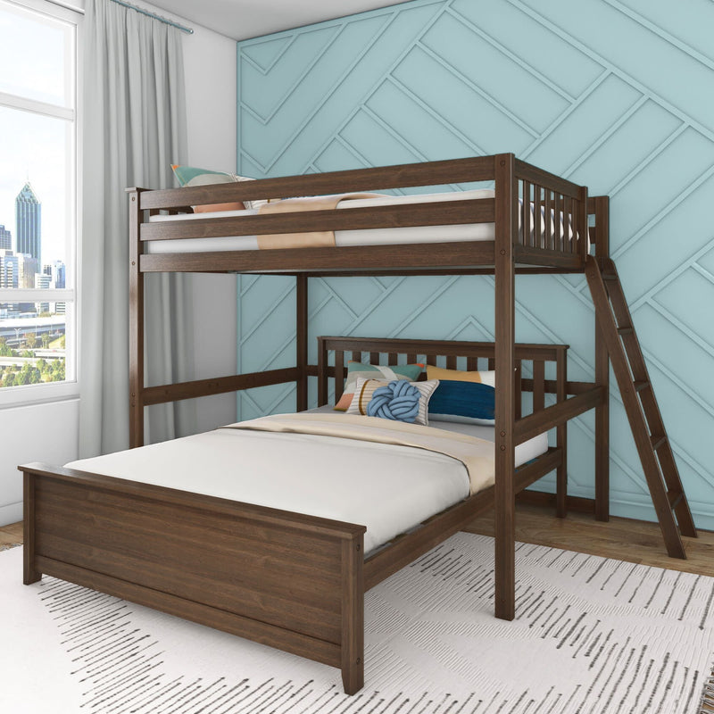 Loft bed with a twin and full size configuration in modern bedroom setting.