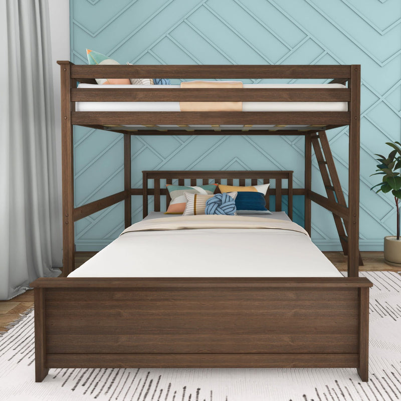 Wooden bunk bed with modern design in a stylish bedroom with blue accent wall.