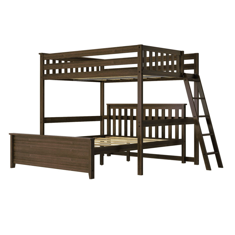 Wooden loft bed with ladder and lower bed frame in a modern design.