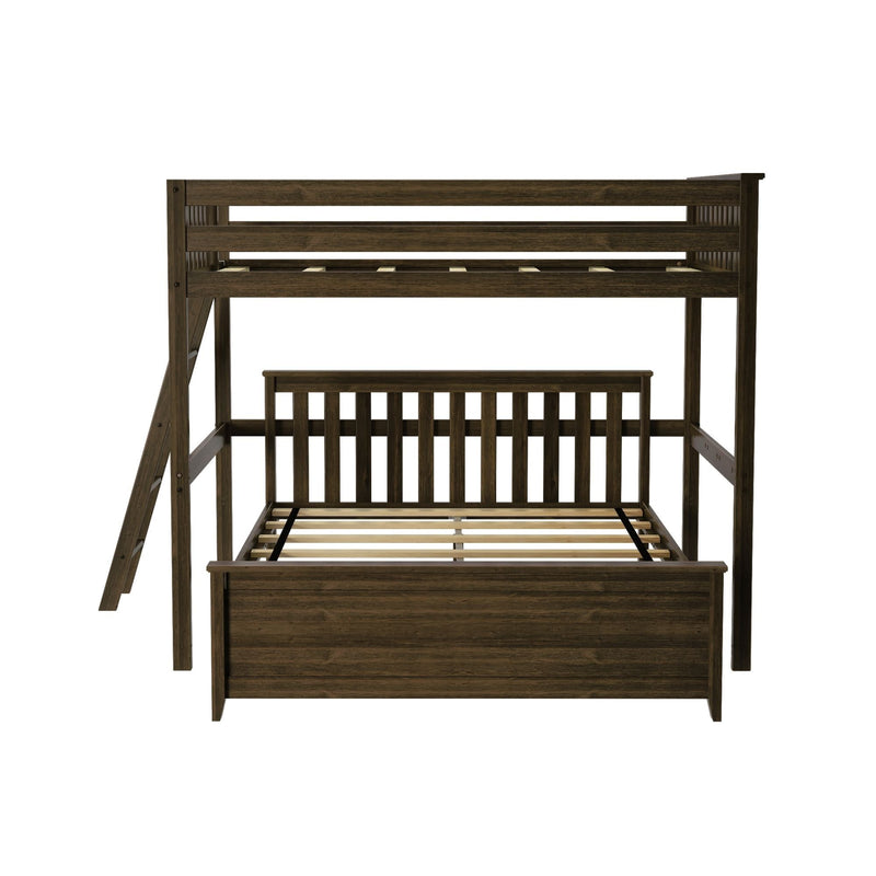 Wooden loft bed frame with ladder and slatted design for modern bedroom decor.