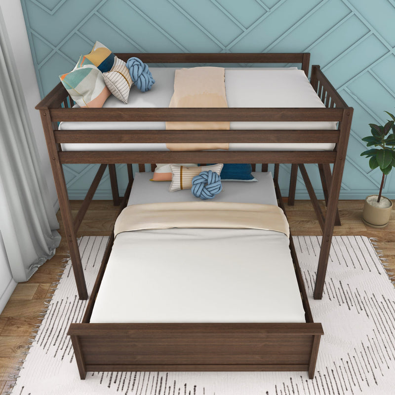 Modern wooden bunk bed with decorative pillows in a stylish bedroom.