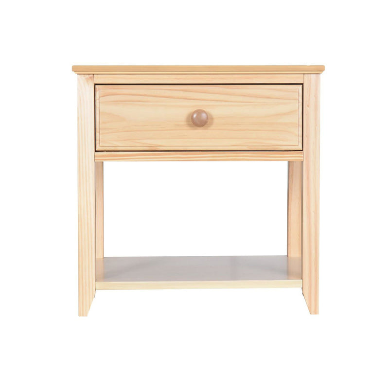 Wooden bedside table with single drawer and shelf, ideal for bedroom storage.