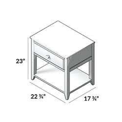 Illustration of a white wooden nightstand with drawer, dimensions 23 inches high, 22.75 inches wide, 17.75 inches deep.