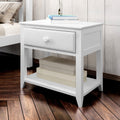 White wooden nightstand with a drawer and shelf, styled with books and decor, on hardwood floor in bedroom setting.