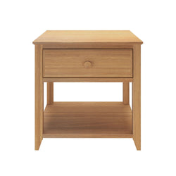 Wooden bedside table with drawer and shelf for bedroom storage solutions.