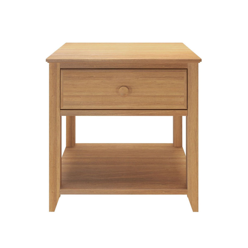Wooden bedside table with drawer and shelf for bedroom storage solutions.