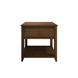 Dark wood bedside table with drawer and lower shelf for bedroom storage.