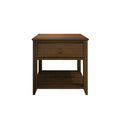 Dark wood bedside table with drawer and lower shelf for bedroom storage.