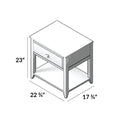 Dimensions diagram of a wooden nightstand with drawer and bottom shelf, measuring 23 inches high, 22.75 inches wide, and 17.75 inches deep.