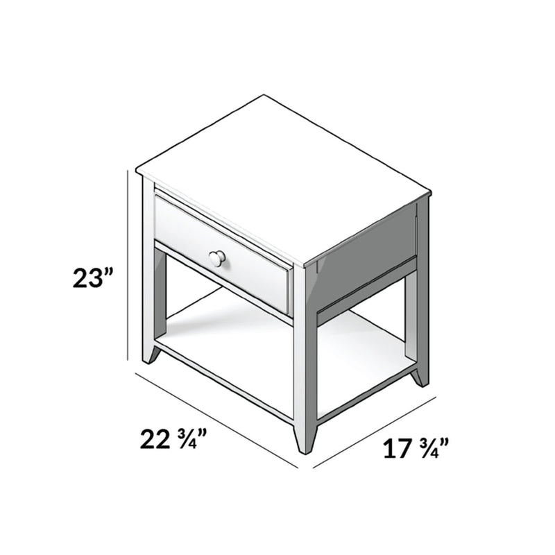 Diagram of a wooden nightstand with measurements: 23 inches high, 22 and three-quarter inches wide, and 17 and three-quarter inches deep. Features one drawer and open shelving.