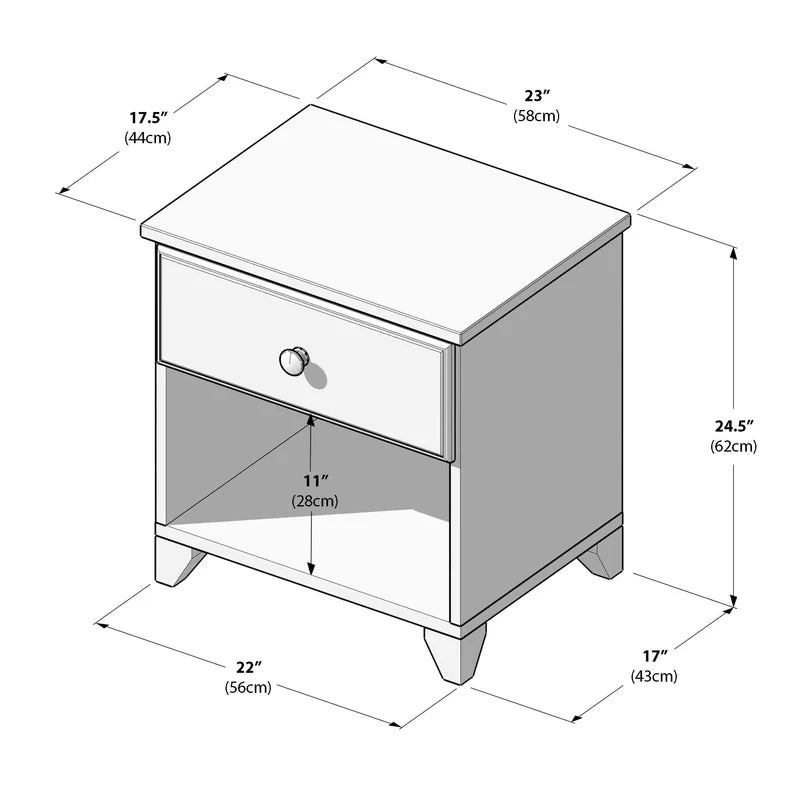 Bedside nightstand with single drawer and open shelf, dimensions 23" W × 17.5" D × 24.5" H (58 × 44 × 62 cm) with 11" (28 cm) shelf opening, product diagram