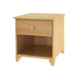 Wooden nightstand with a single drawer and open shelf in a light maple finish.