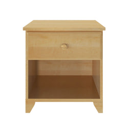 Natural wood nightstand with a drawer and open shelf for bedroom storage solutions.