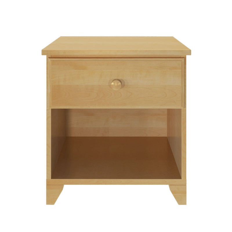 Natural wood nightstand with a drawer and open shelf for bedroom storage solutions.