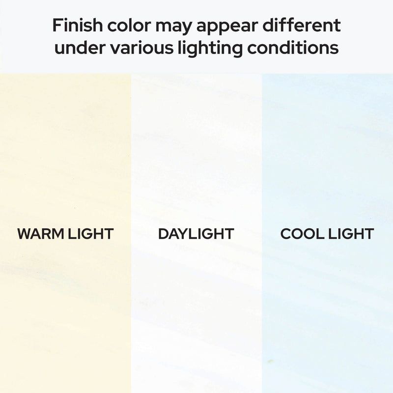 Comparison of finish color under warm light, daylight, and cool light conditions.