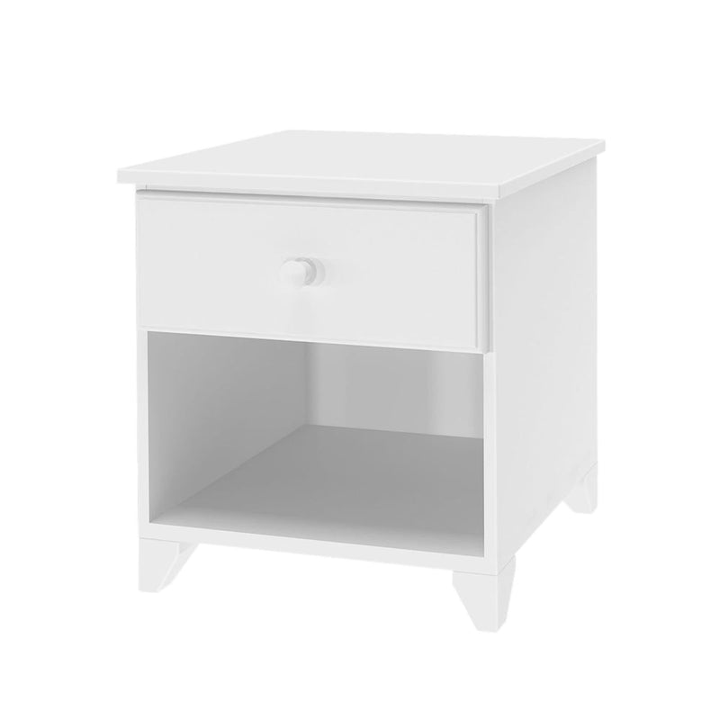 White wooden bedside table with single drawer and open shelf.