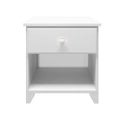 White wooden nightstand with a single drawer and open shelf, ideal for bedroom storage and decor.