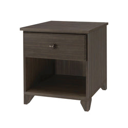 Dark wood nightstand with single drawer and open shelf for bedroom storage.
