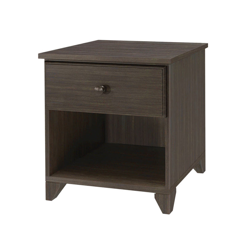 Dark wood nightstand with single drawer and open shelf for bedroom storage.